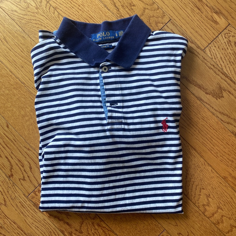 Mens Polo Ralph Lauren classic fit polo blue and white stripe. Size large